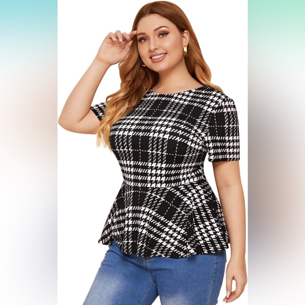 SHEIN/Floerns xl Black and white classic cap sleeve peplum blouse